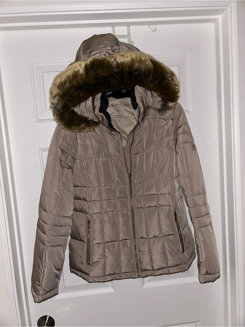 Calvin Klein Taupe-Brown Puffer Jacket with Faux-Fur Hood Trim
